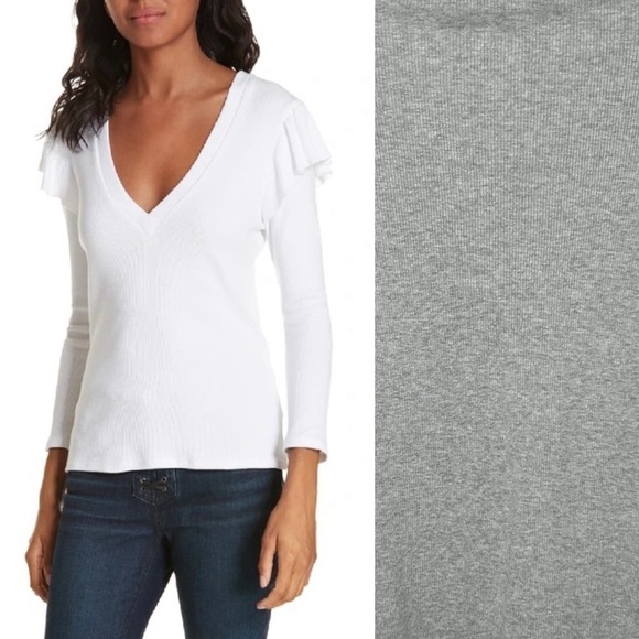 VERONICA BEARD Heather Grey Rib Knit Ruffle Shoulder V-Neck Long Sleeve Top XS - Picture 1 of 7